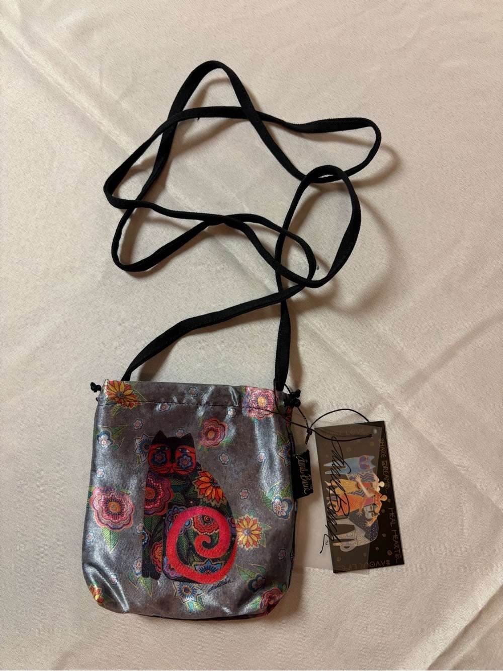 Laurel Burch Drawstring Cat Print Crossbody Bag